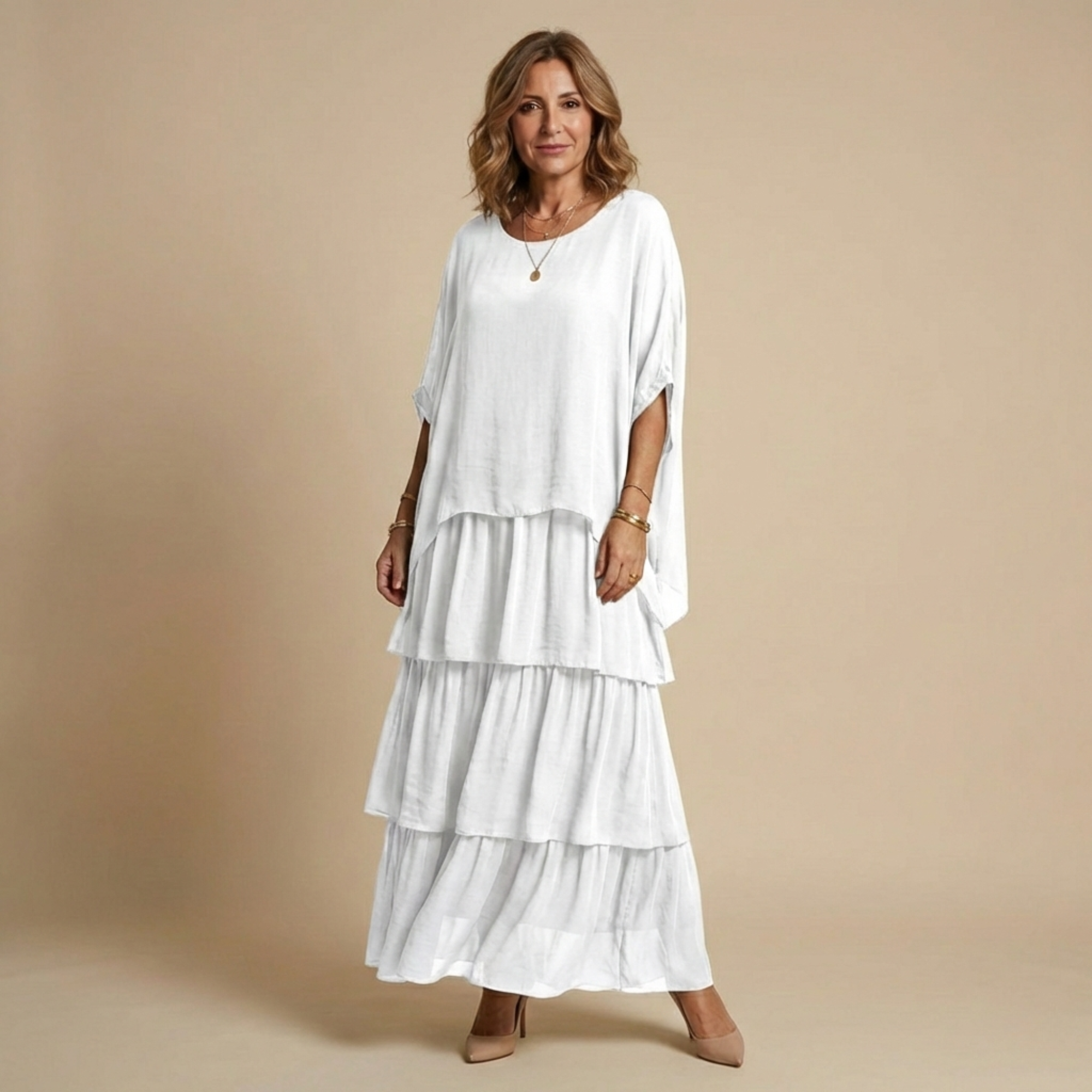 Vestido Largo Mujer Corte Amplio Elegante – Diseño Fluido en Capas y Manga Suelta