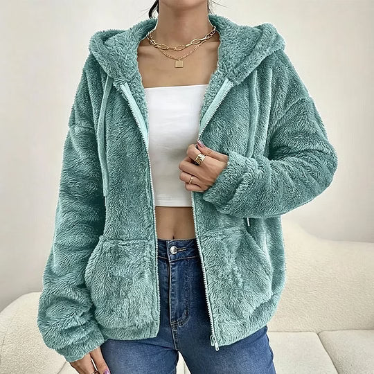 Chaqueta sherpa para mujer con capucha y cremallera