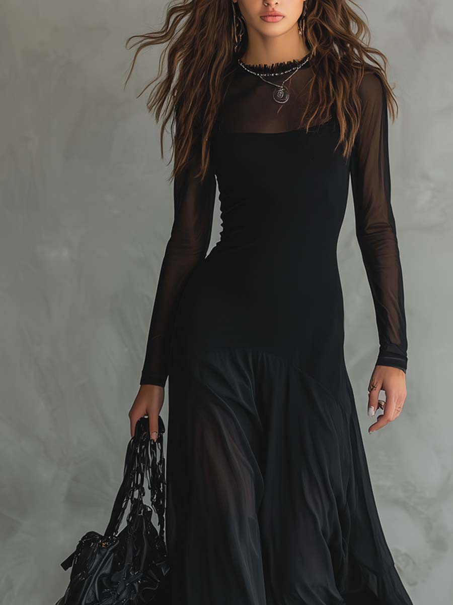 Vestido Maxi Negro Mujer Con Mangas Transparentes – Estilo Elegante
