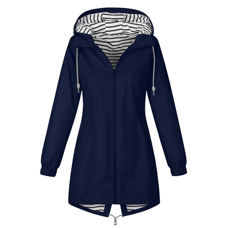 Impermeable largo con capucha y forro a rayas para mujer casual
