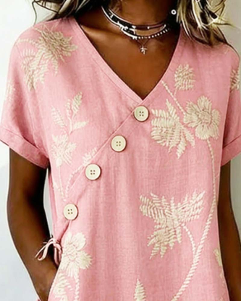 Vestido mini floral para mujer con botones diagonales