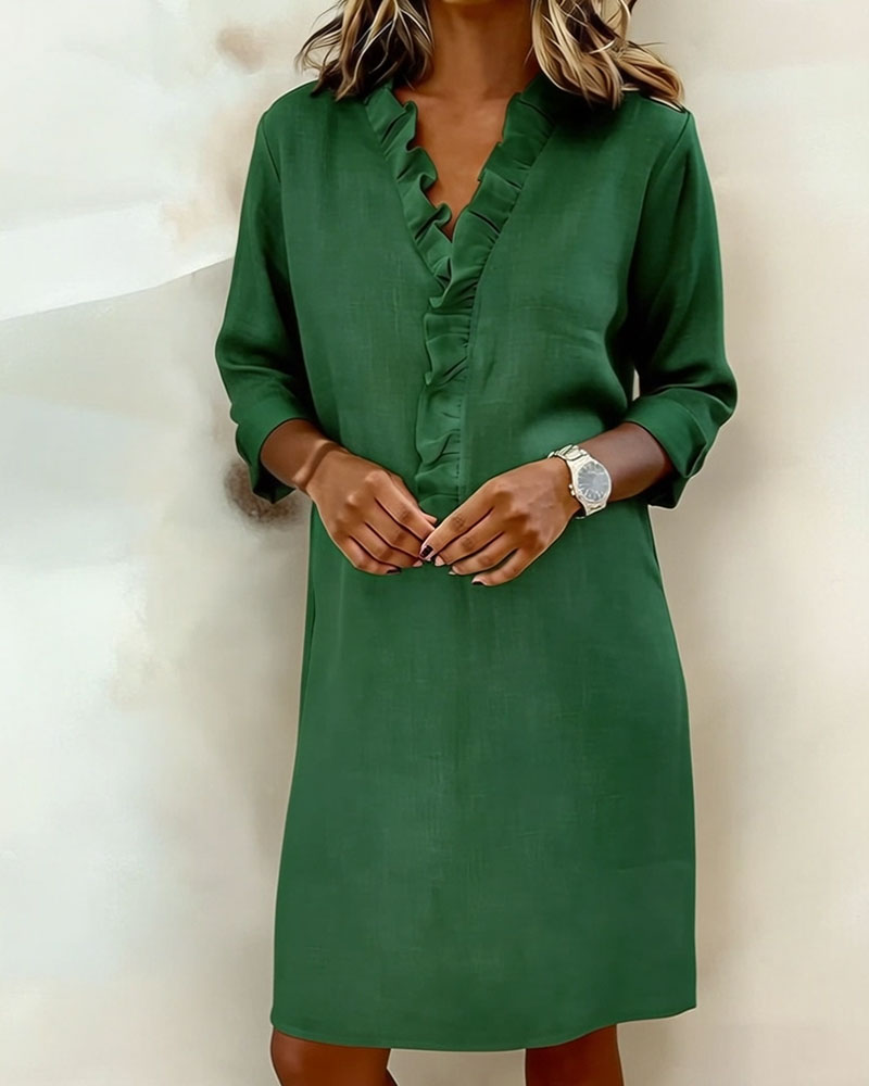 Vestido mujer lino algodón escote V volantes elegante casual