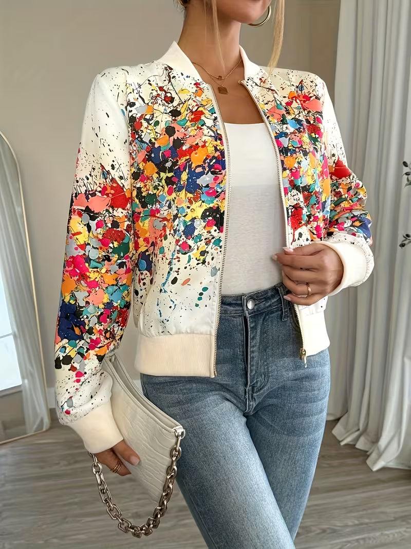 Chaqueta bomber de mujer con estampado abstracto y cremallera