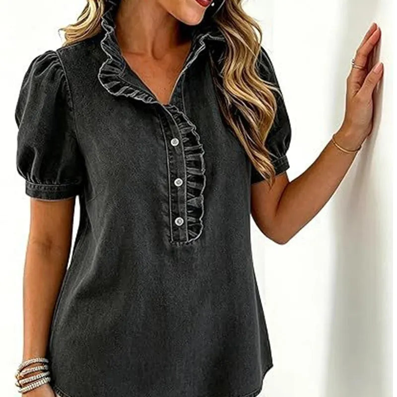 Top denim mujer con cuello volante y mangas abullonadas