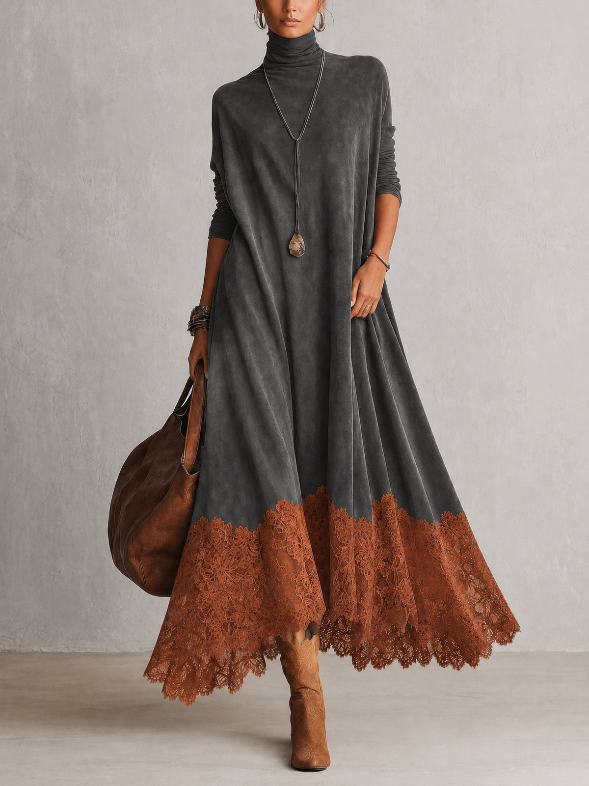 Vestido largo para mujer con cuello alto y bajo de encaje floral