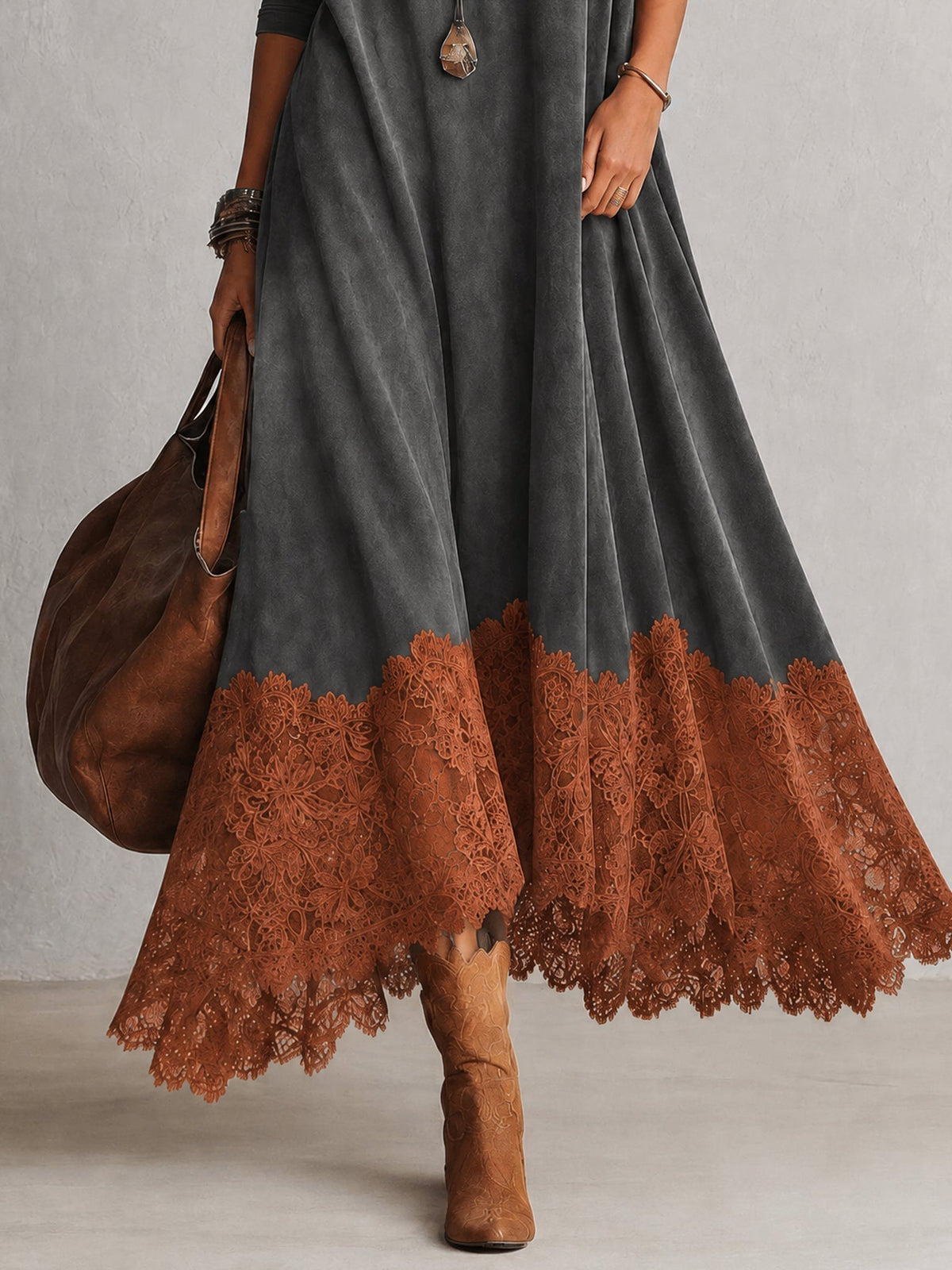 Vestido largo para mujer con cuello alto y bajo de encaje floral