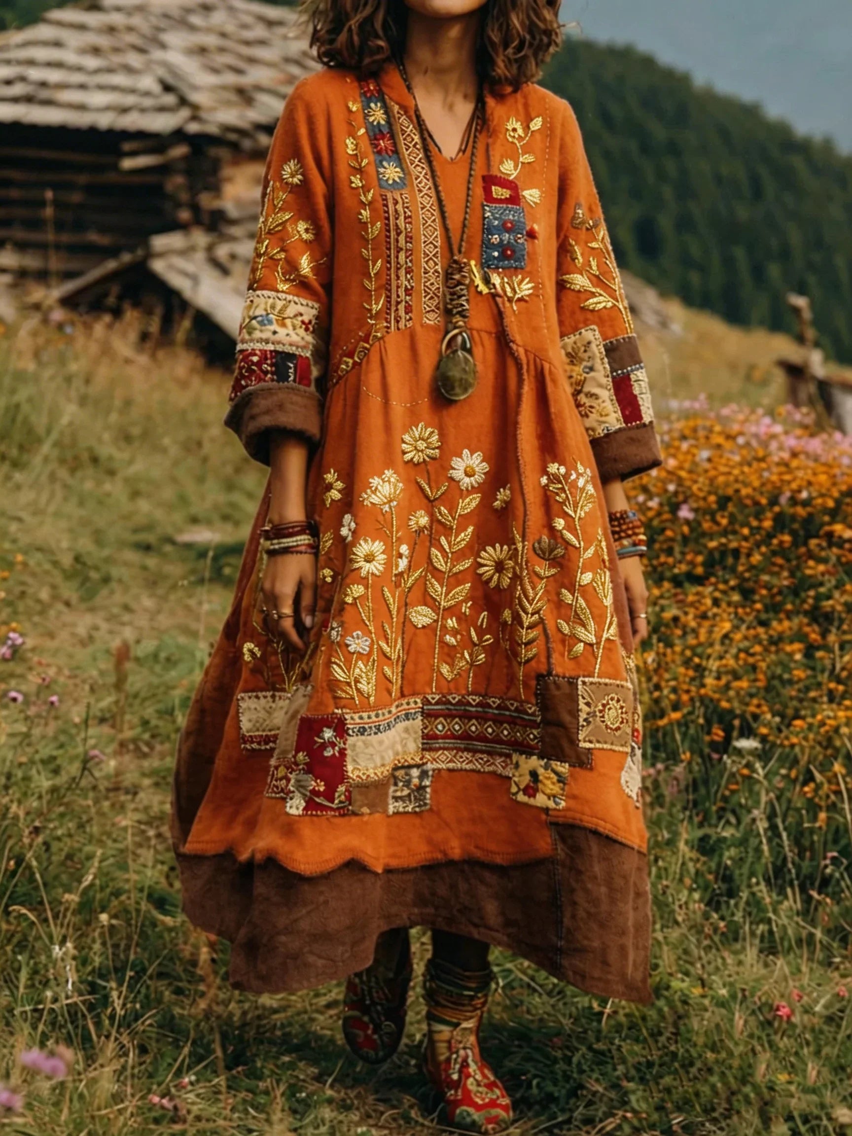 Vestido bohemio mujer patchwork bordado largo – vestido étnico elegante fluido