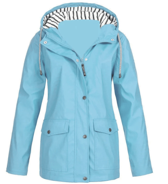 Chaqueta impermeable de mujer con capucha y bolsillos frontales