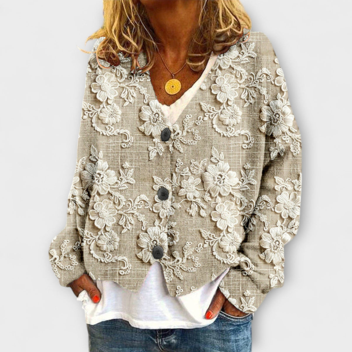 Chaqueta floral mujer con botones y corte amplio