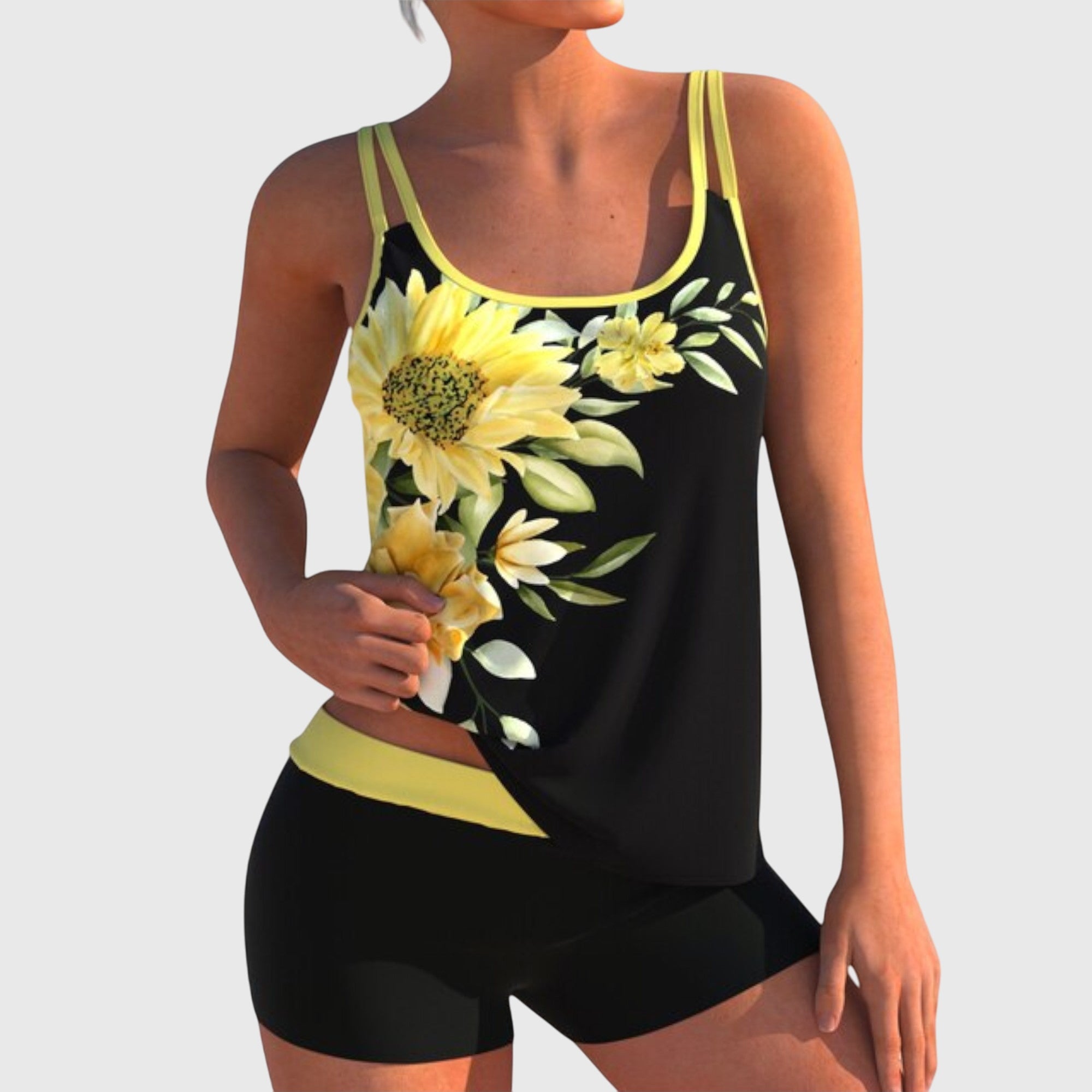 Tankini mujer dos piezas estampado floral rosas top tirantes dobles shorts playa