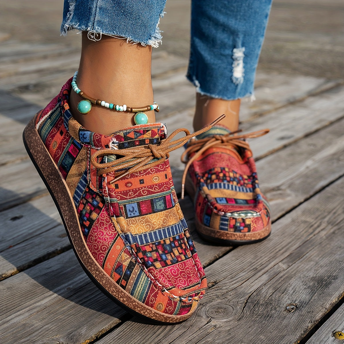 Zapatillas casuales de mujer con patchwork y cordones ajustables