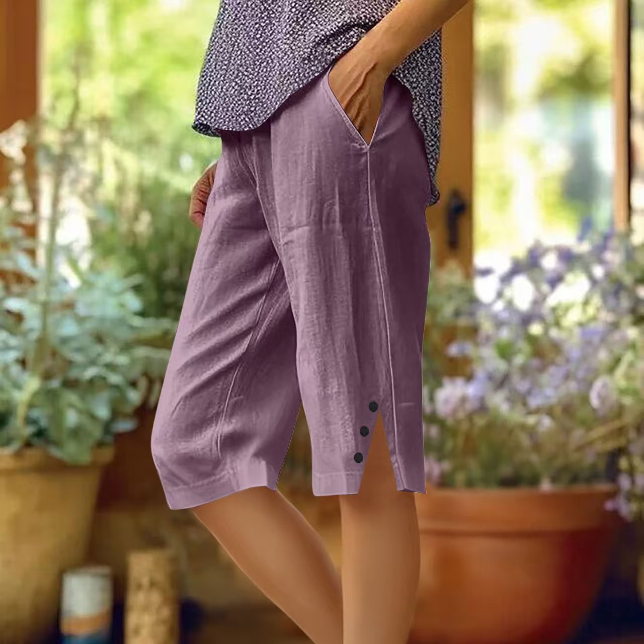 Pantalón capri mujer liso con bolsillos