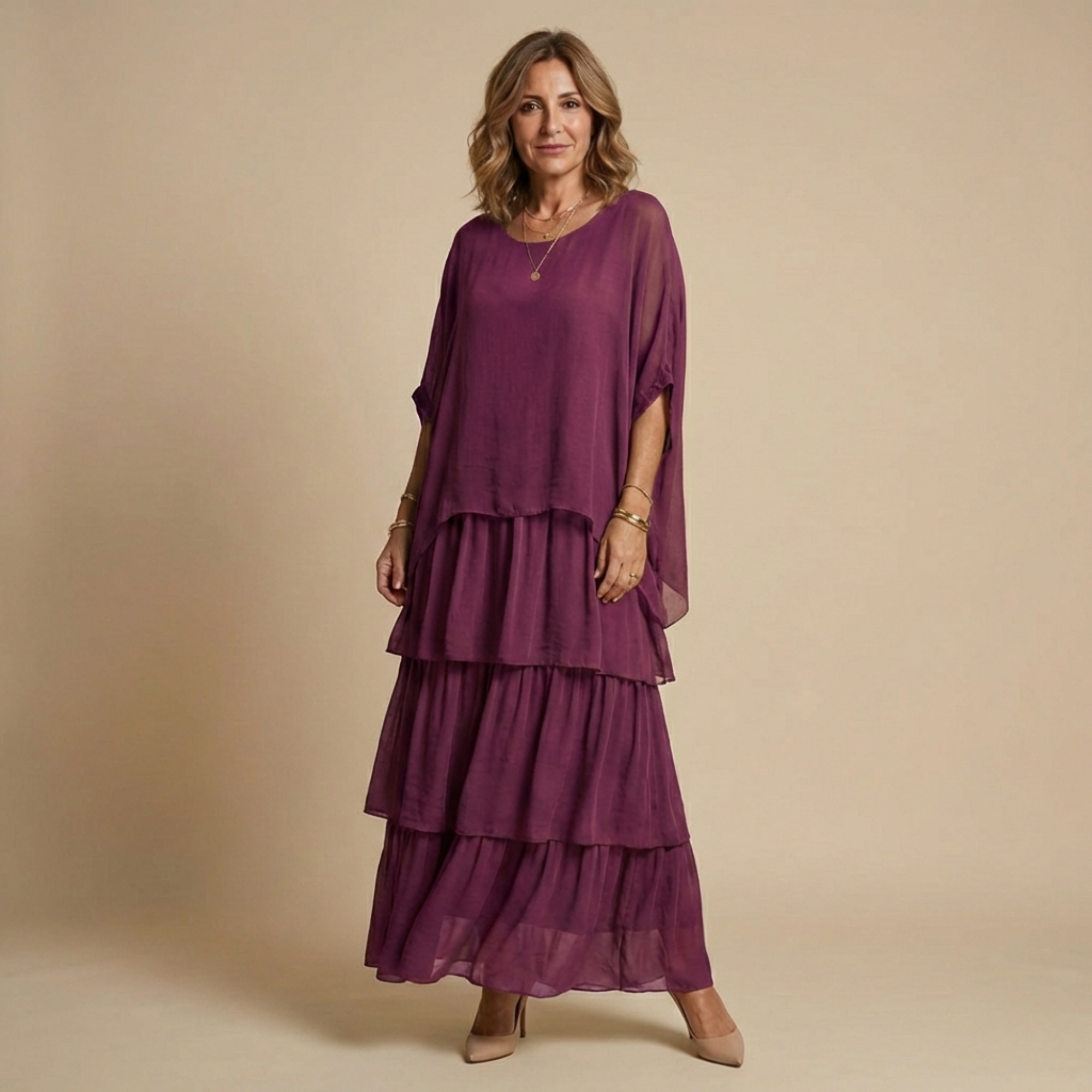 Vestido Largo Mujer Corte Amplio Elegante – Diseño Fluido en Capas y Manga Suelta