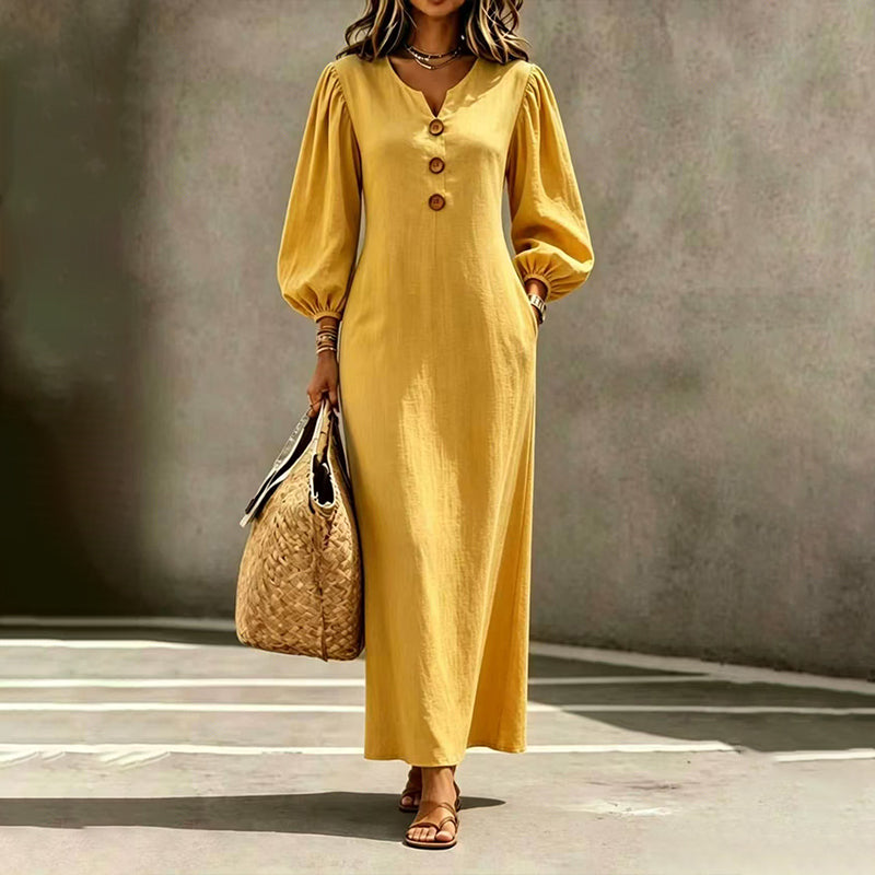 Vestido maxi mujer con escote en V y mangas abullonadas