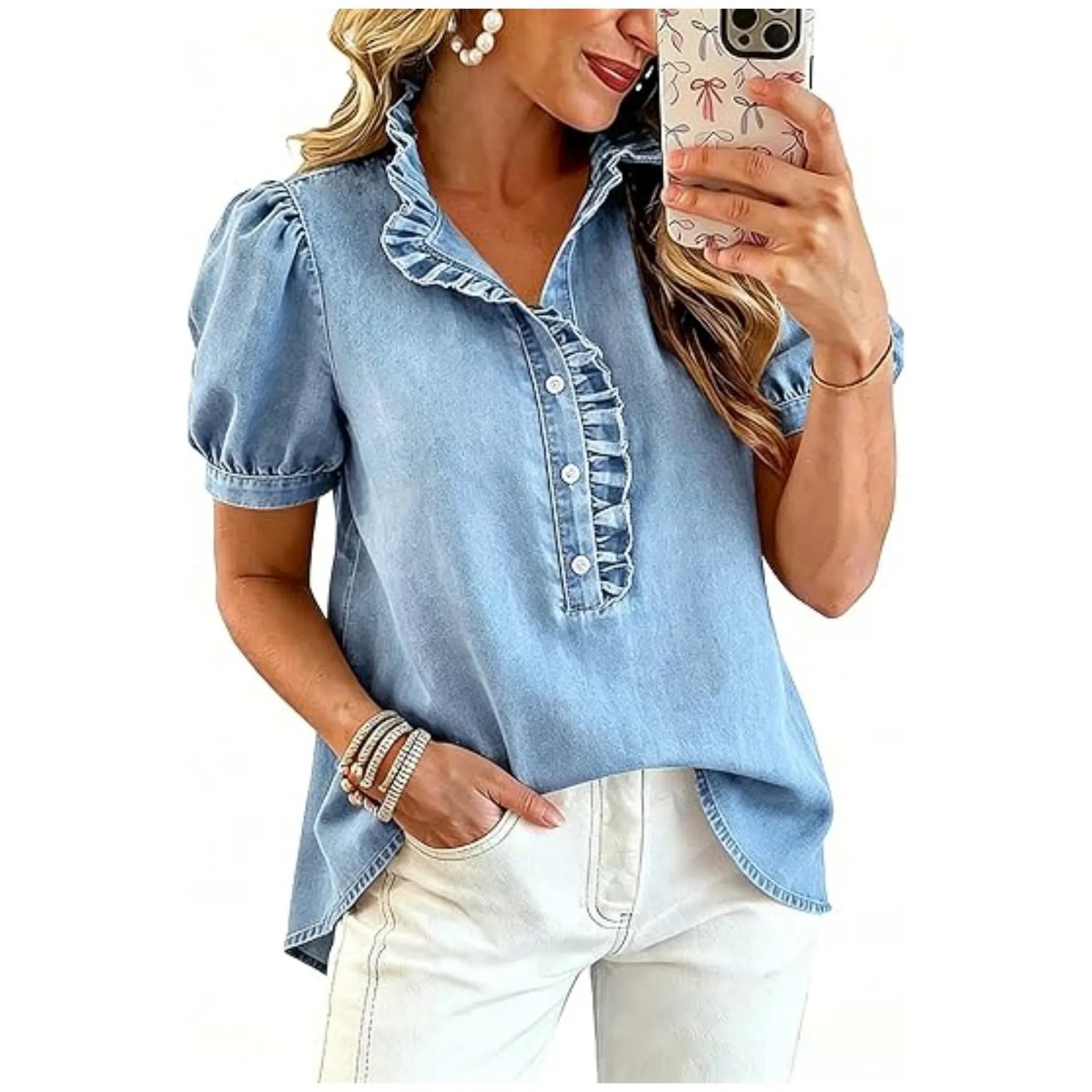 Top denim mujer con cuello volante y mangas abullonadas