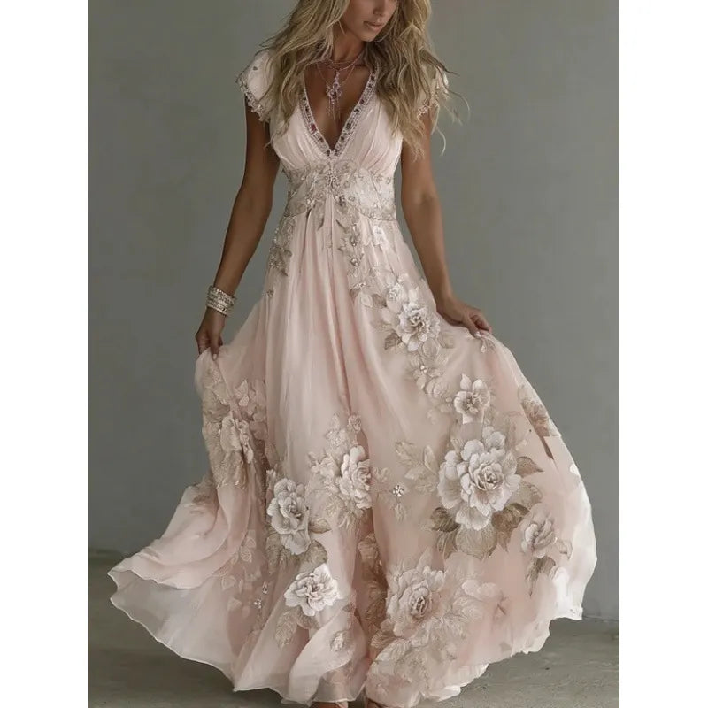 Vestido largo de mujer en chiffon con encaje bordado