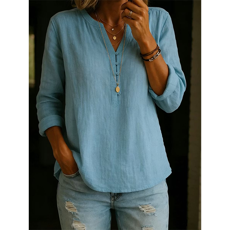 Camisa mujer amplia con cuello en V y botones