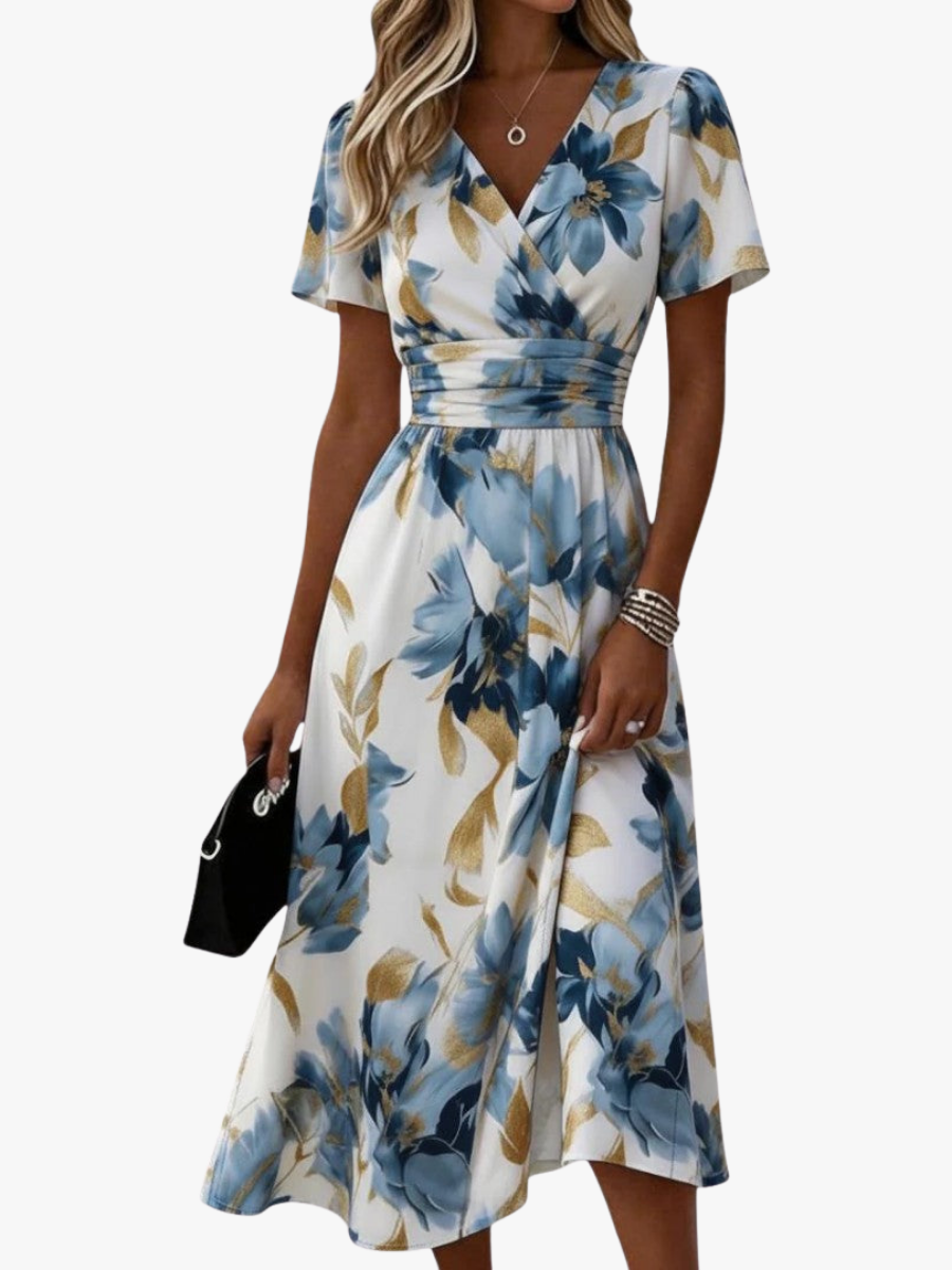 Vestido midi poliéster floral con cuello cruzado para cenas