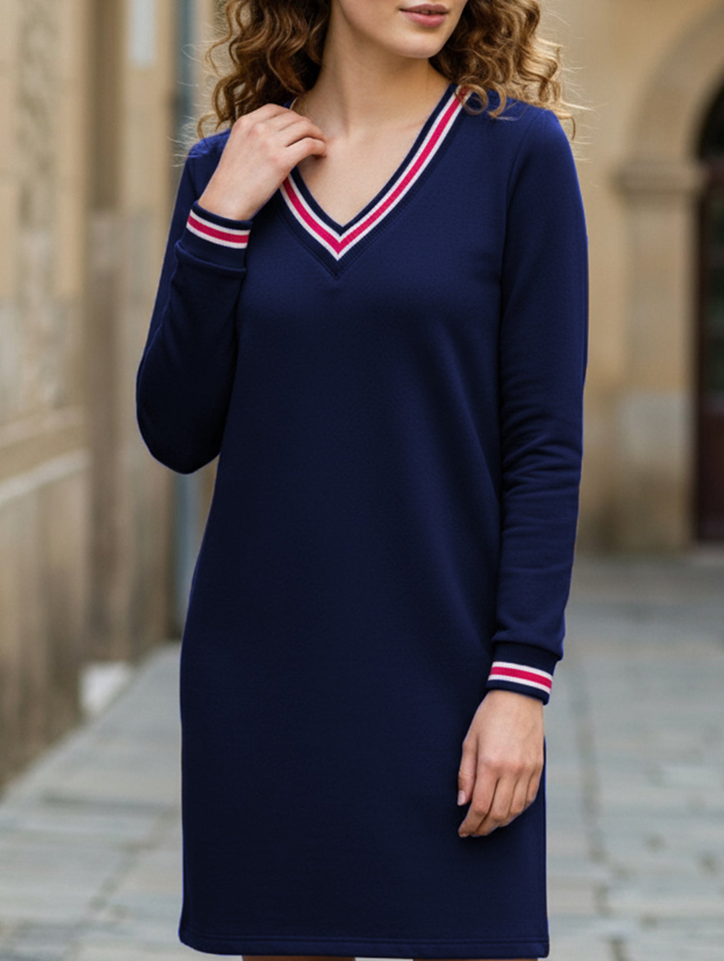 Vestido casual mujer cuello V – vestido manga larga elegante