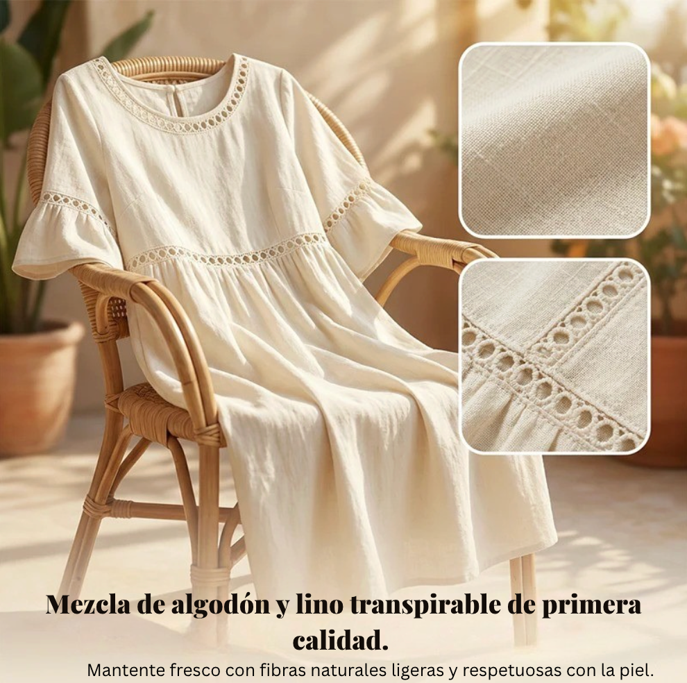 Vestido mujer midi lino algodón ajouré cuello redondo mangas volantes