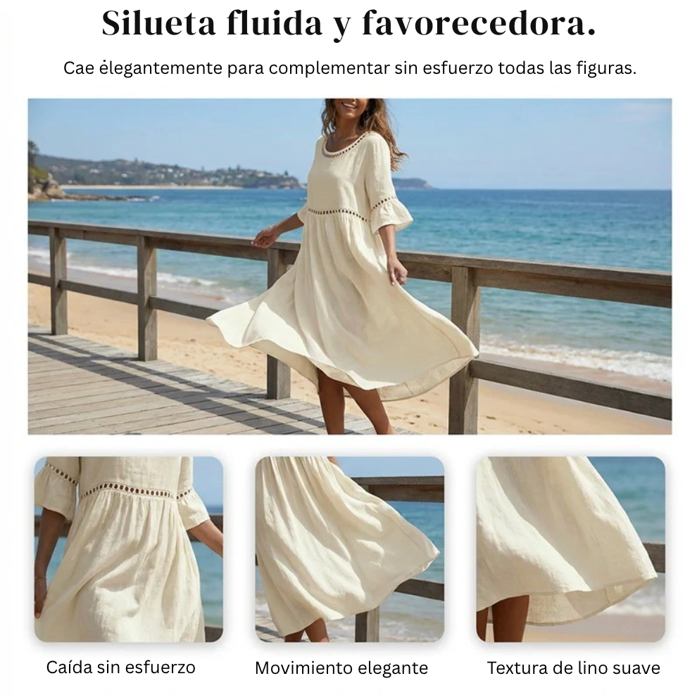 Vestido mujer midi lino algodón ajouré cuello redondo mangas volantes