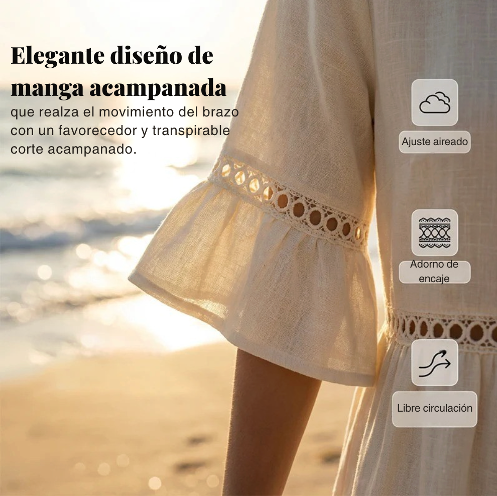 Vestido mujer midi lino algodón ajouré cuello redondo mangas volantes