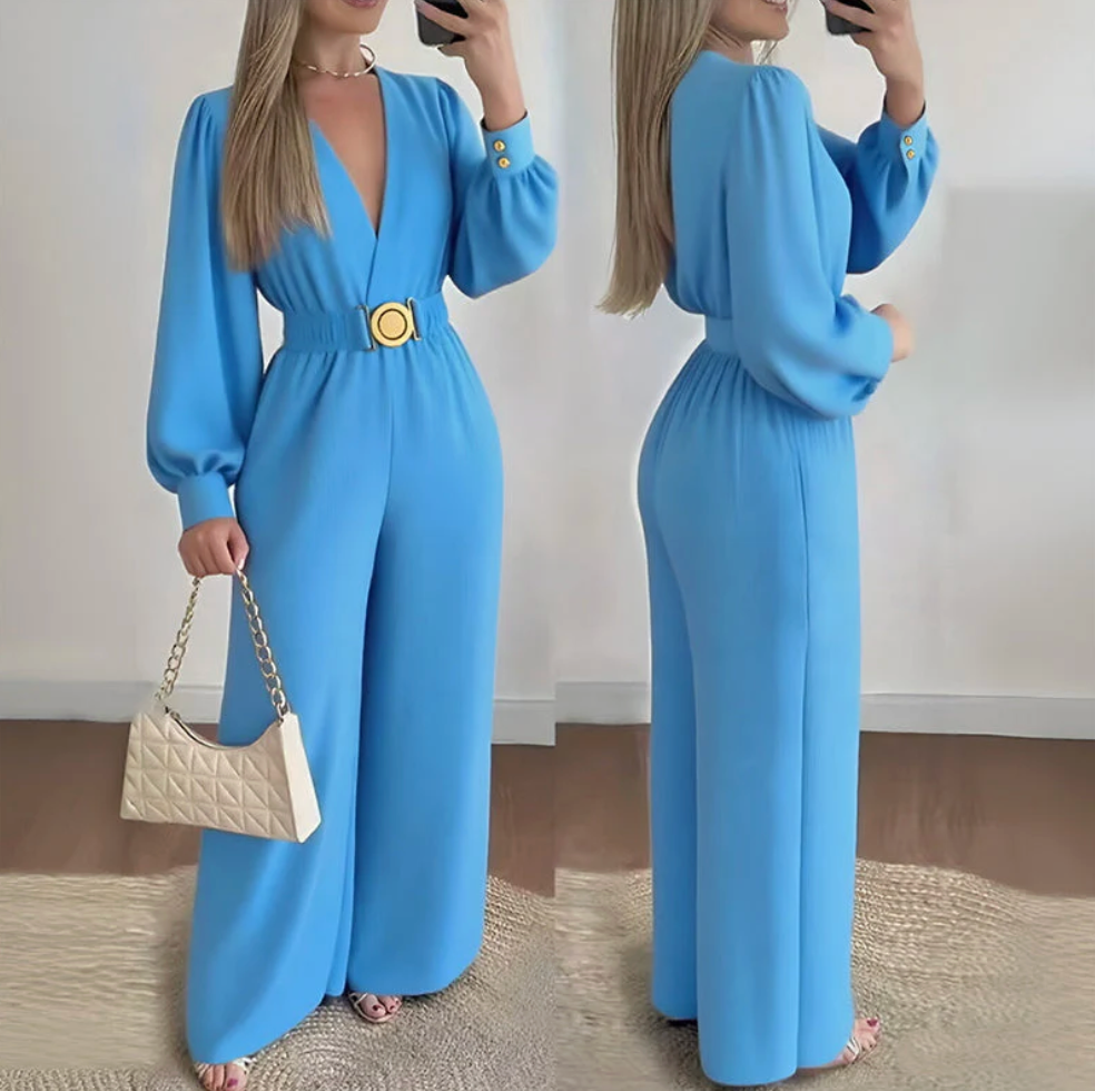Mono Elegante Mujer Escote V Cinturón Ancho