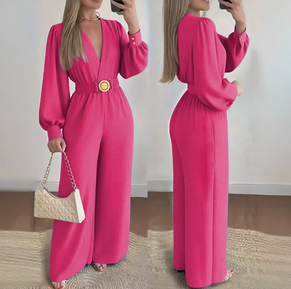 Mono Elegante Mujer Escote V Cinturón Ancho