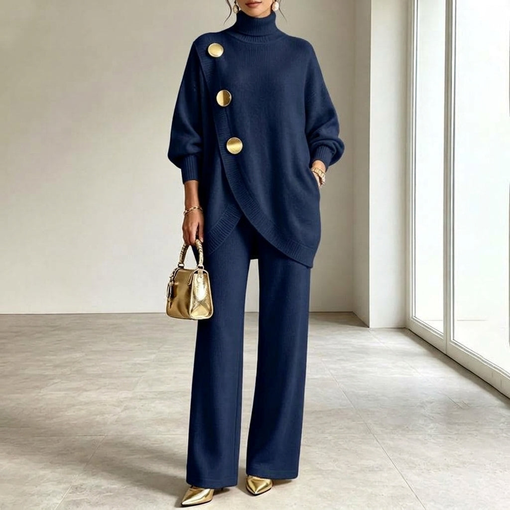 Conjunto de punto para mujer con cuello alto y pantalón de pierna ancha