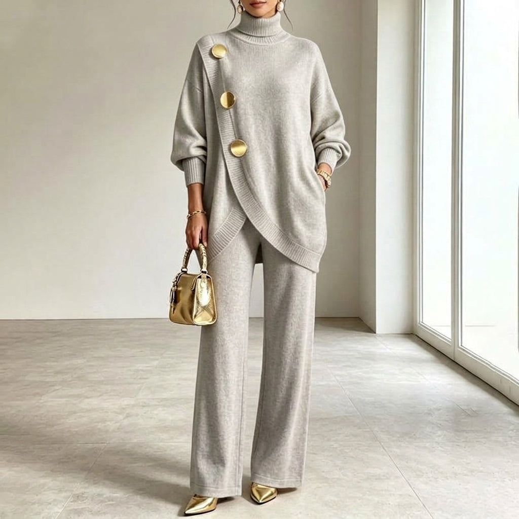 Conjunto de punto para mujer con cuello alto y pantalón de pierna ancha