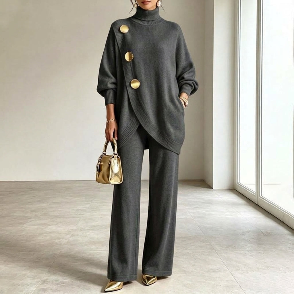 Conjunto de punto para mujer con cuello alto y pantalón de pierna ancha