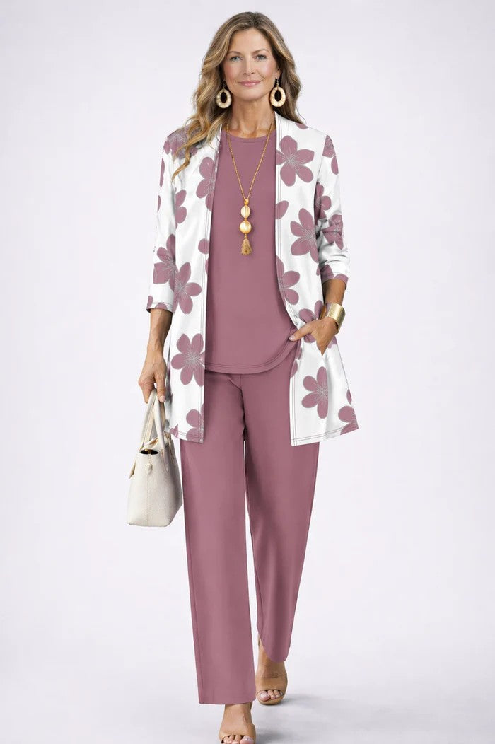 Conjunto mujer de tres piezas con cárdigan estampado elegante