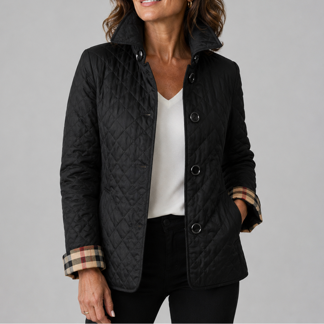 Chaqueta acolchada de mujer con cuello alto y botones frontales