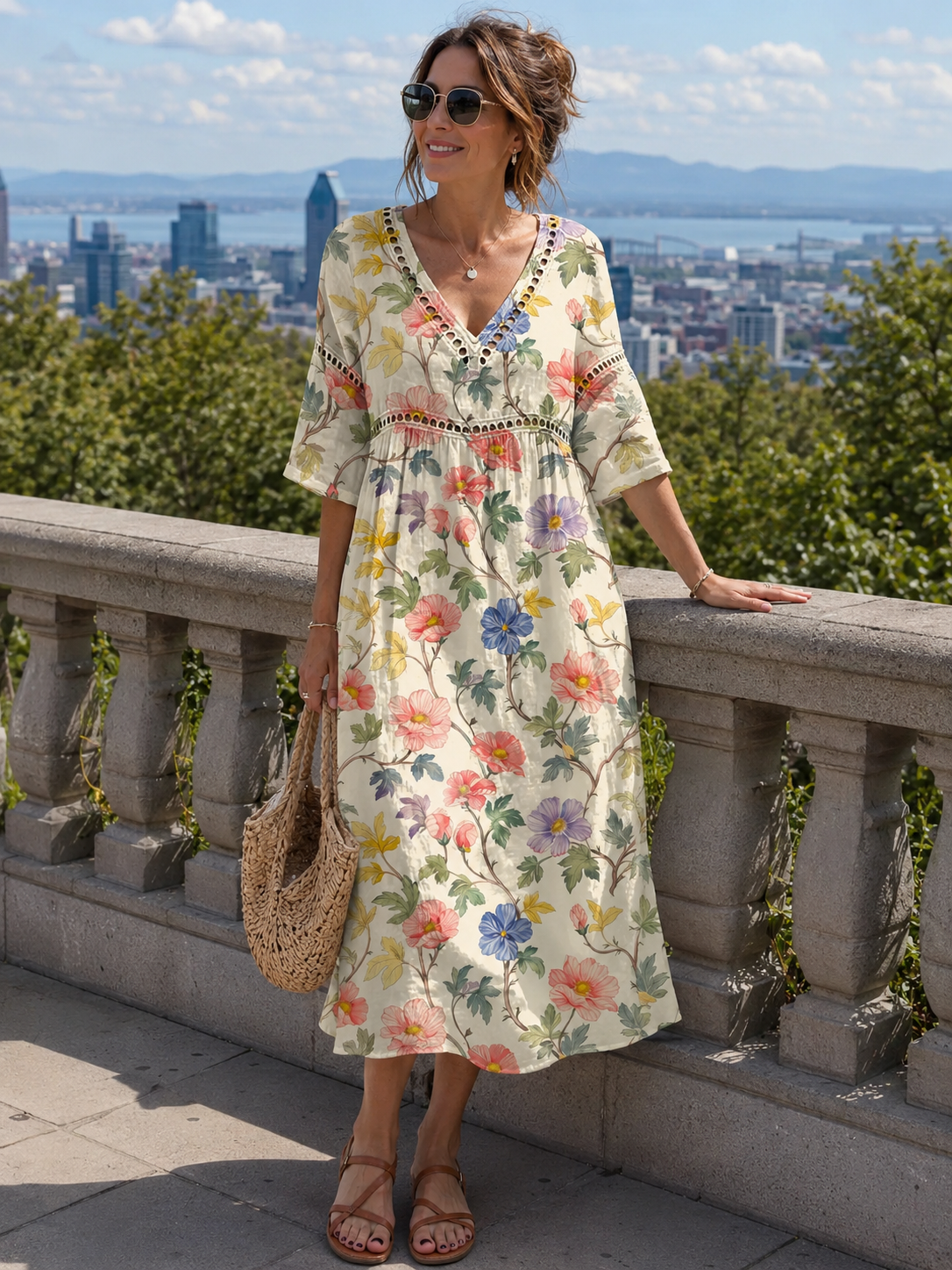 Vestido midi mujer floral con escote en V y mangas 3/4
