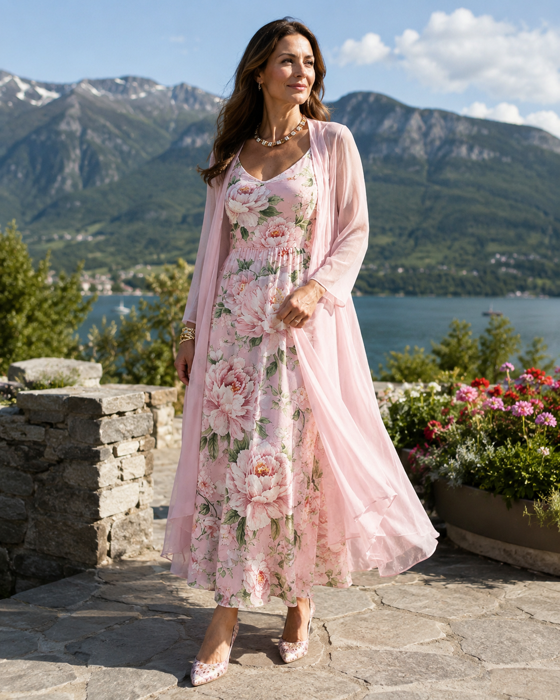 Conjunto floral para mujer con vestido y cárdigan ligero