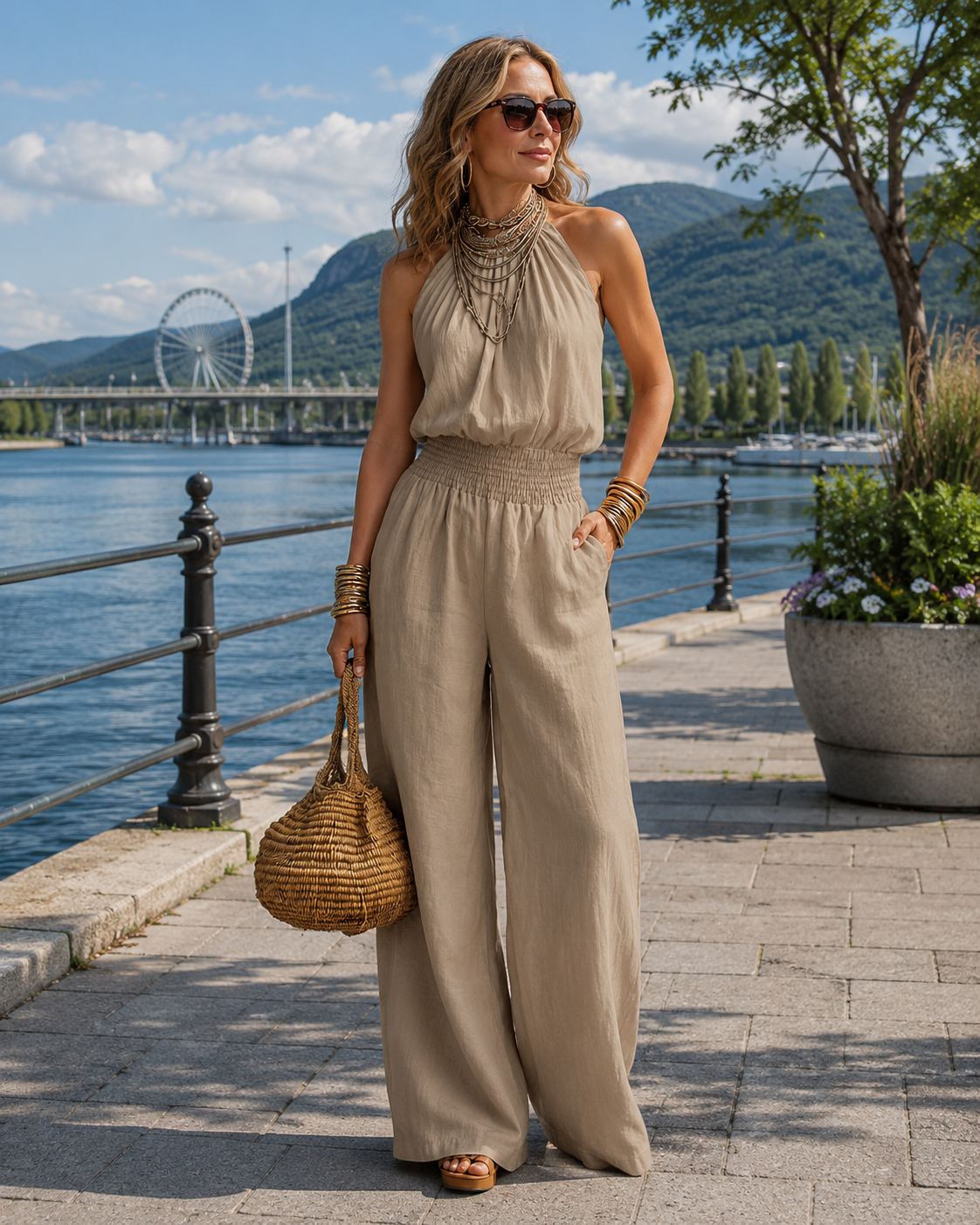 Mono mujer de espalda descubierta con escote halter y pierna ancha