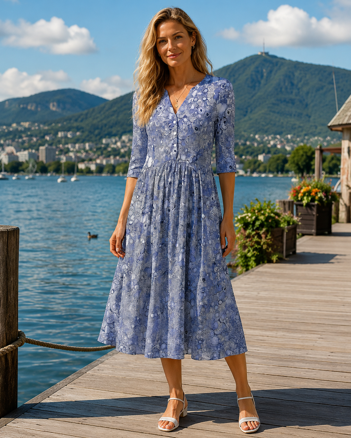 Vestido midi para mujer con escote en V y mangas tres cuartos