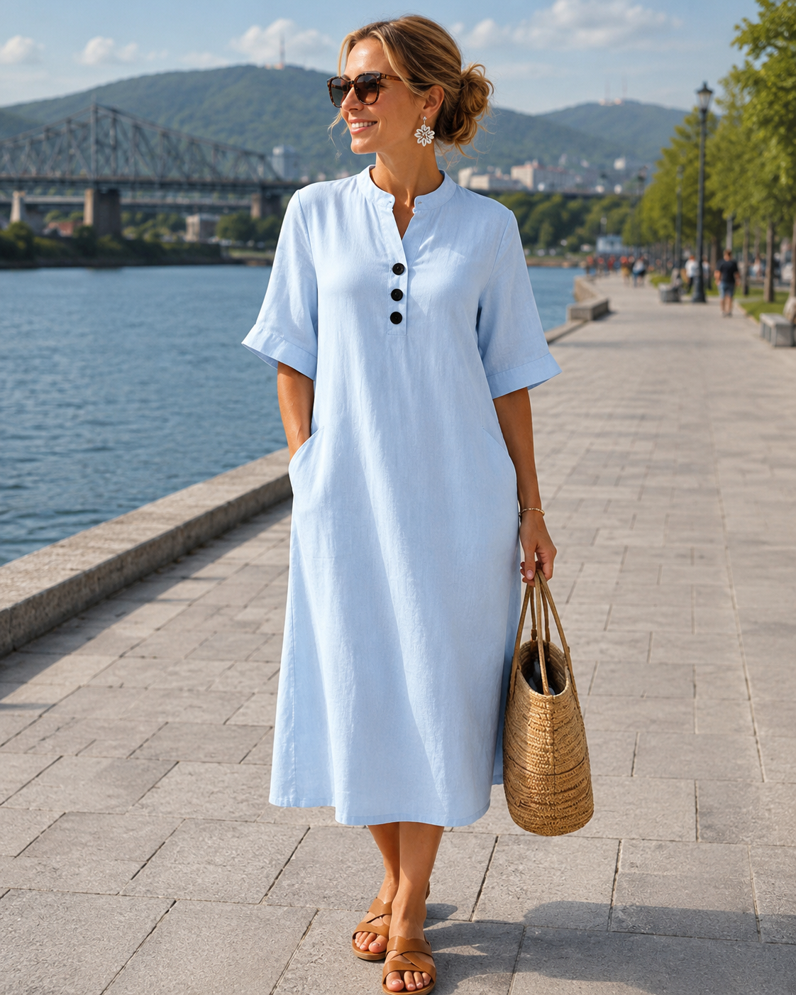 Vestido midi de mujer en algodón y lino con botones y bolsillos
