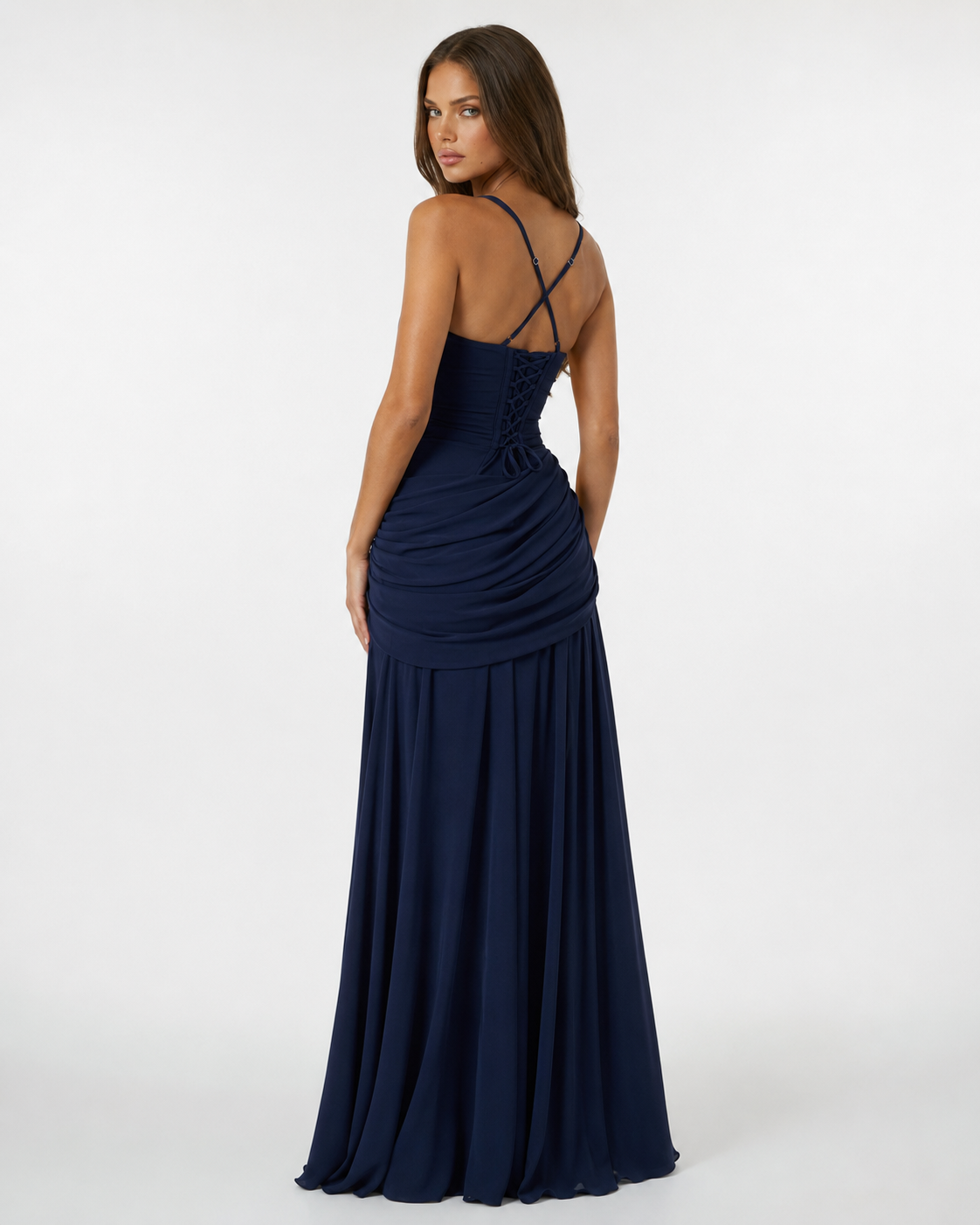 Vestido maxi mujer con escote cuadrado y drapeado lateral