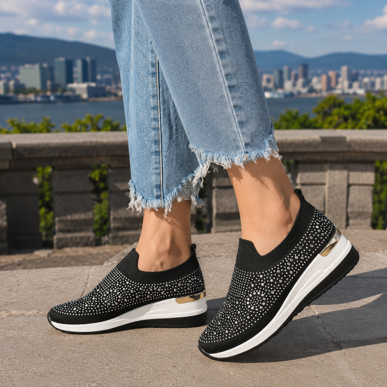 Zapatillas para mujer con strass brillantes y plataforma cómoda