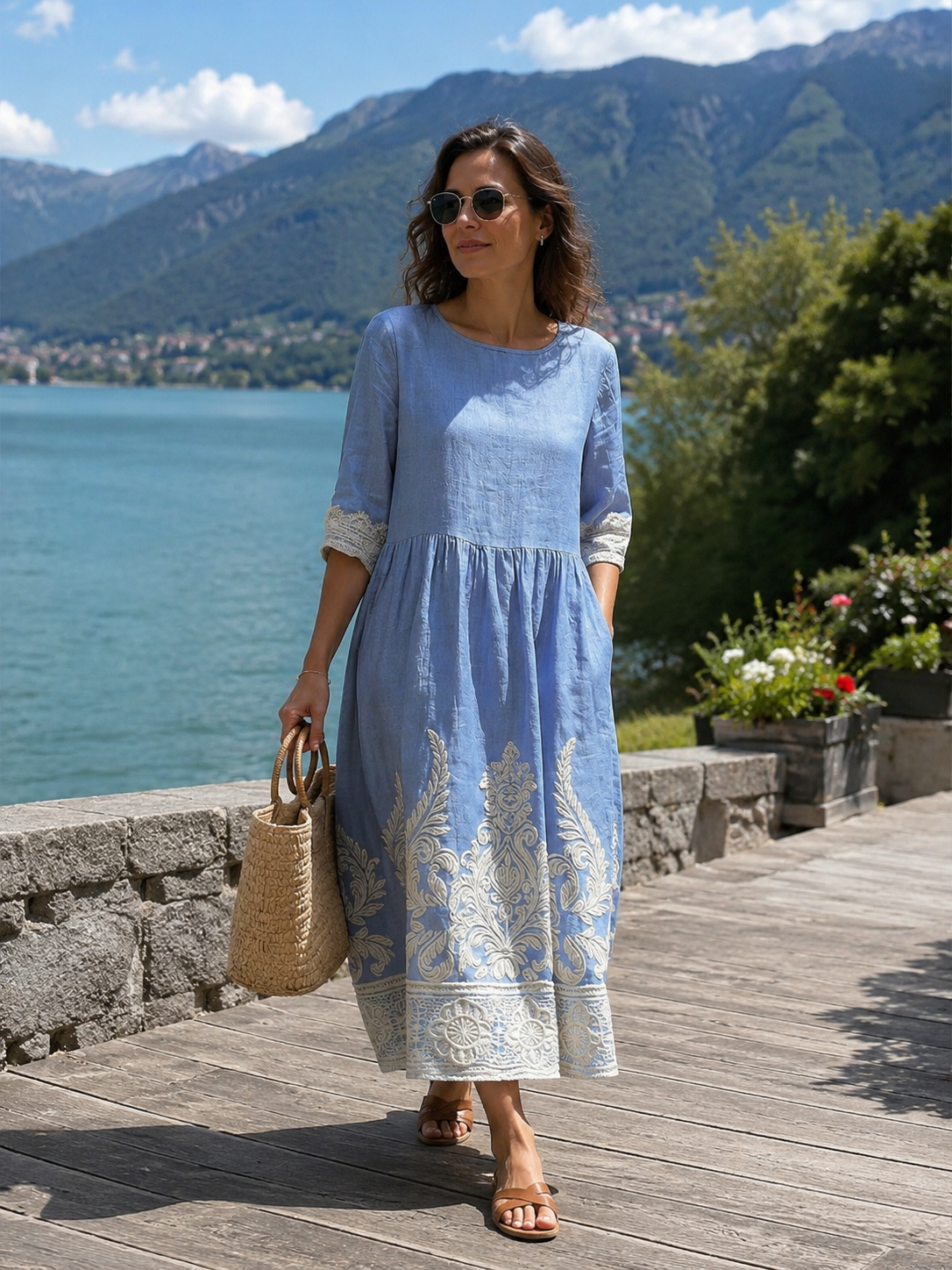 Vestido midi para mujer con bordados decorativos y mangas tres cuartos