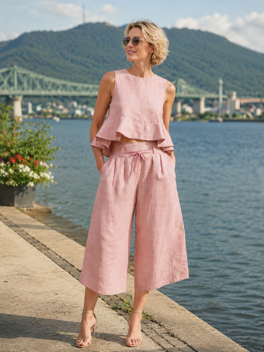 Conjunto de dos piezas para mujer con top de volantes y pantalón ancho