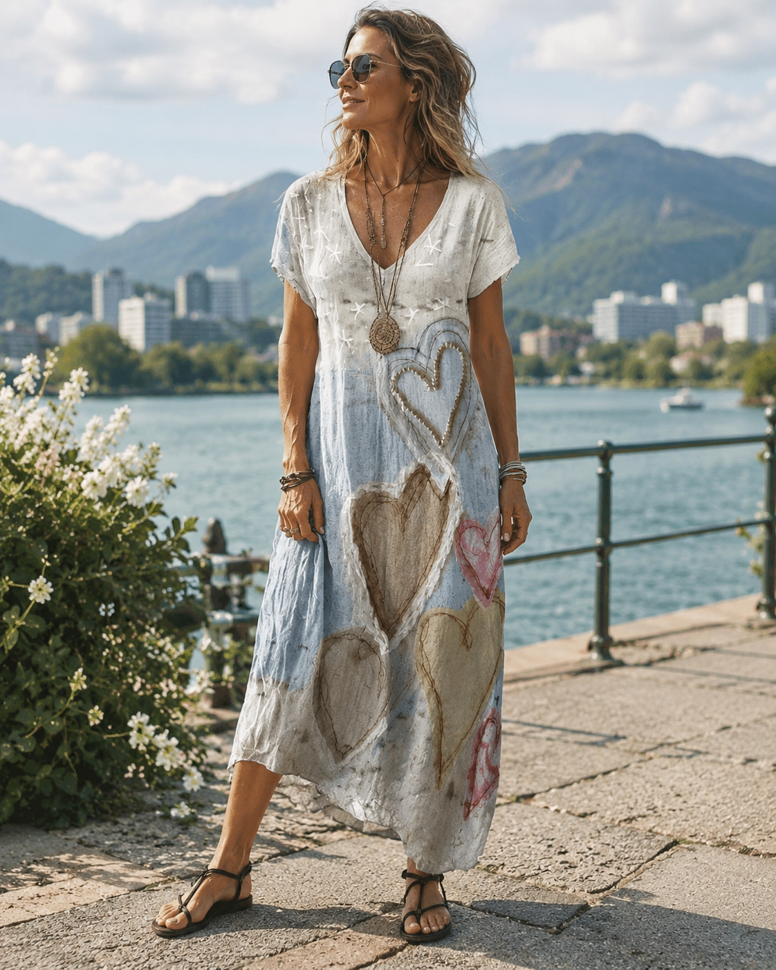 Vestido midi para mujer con estampado de corazones y escote en V
