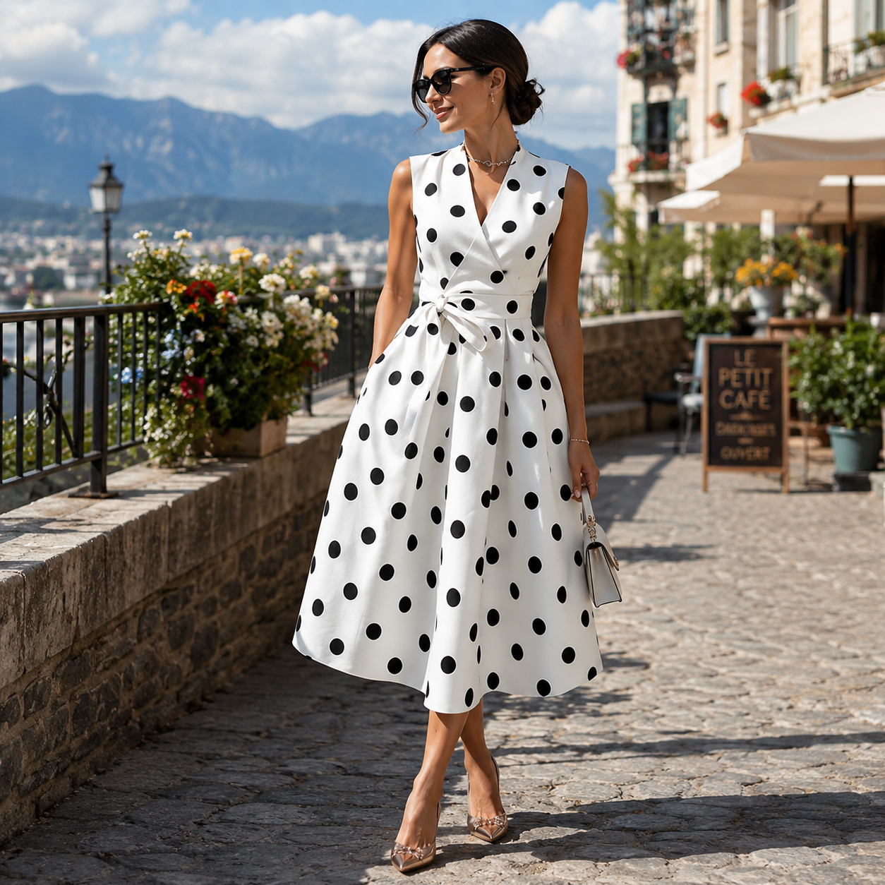 Vestido midi para mujer con lunares y cinturón ajustable