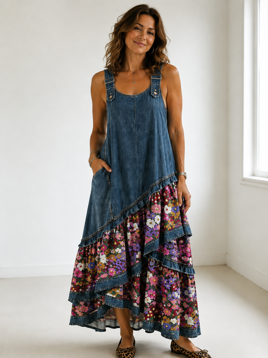 Vestido bohemio mujer con patchwork denim y estampado floral