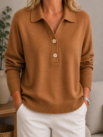 Suéter de mujer con cuello de camisa y botones decorativos finos