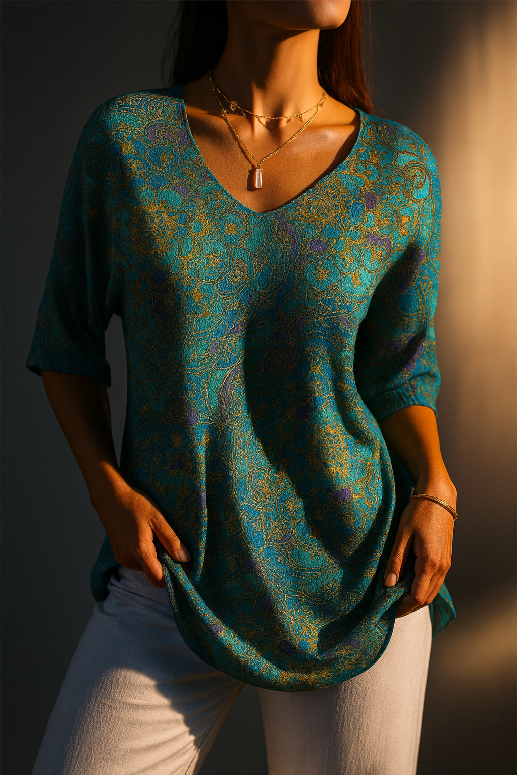 Blusa mujer estampada escote V fluida – estilo bohemio elegante