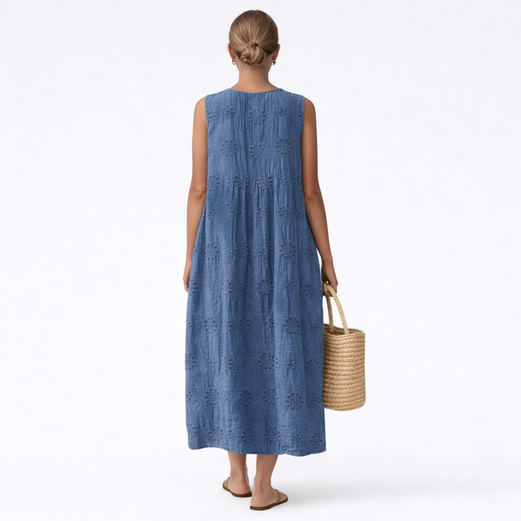 Vestido midi mujer algodón viscosa bordado inglés sin mangas
