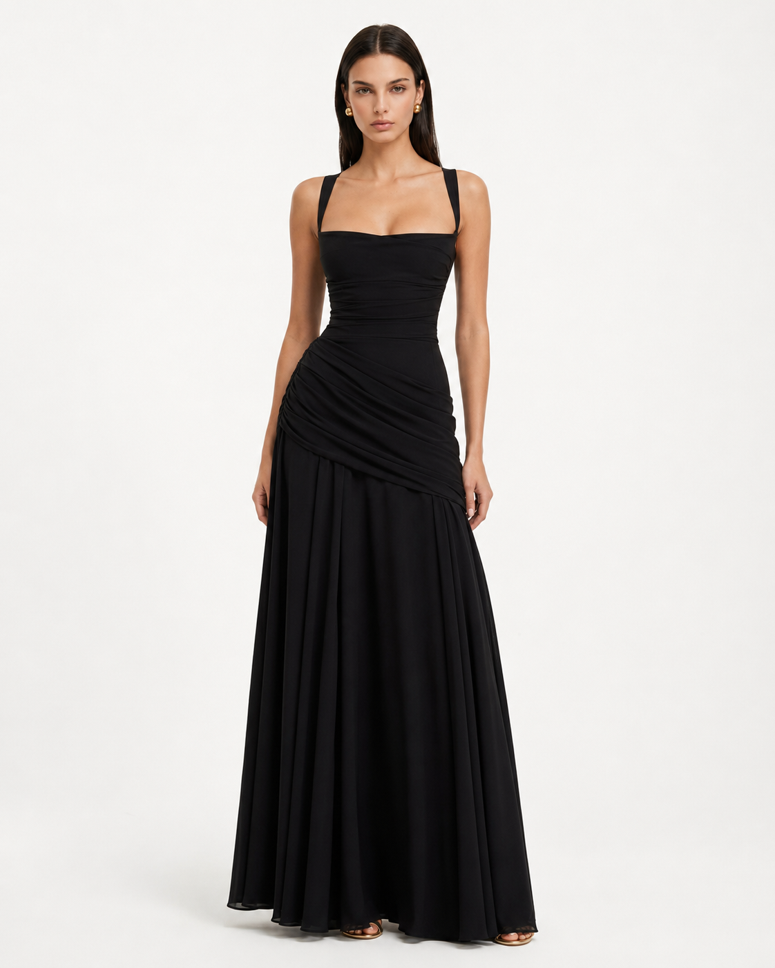 Vestido maxi mujer con escote cuadrado y drapeado lateral