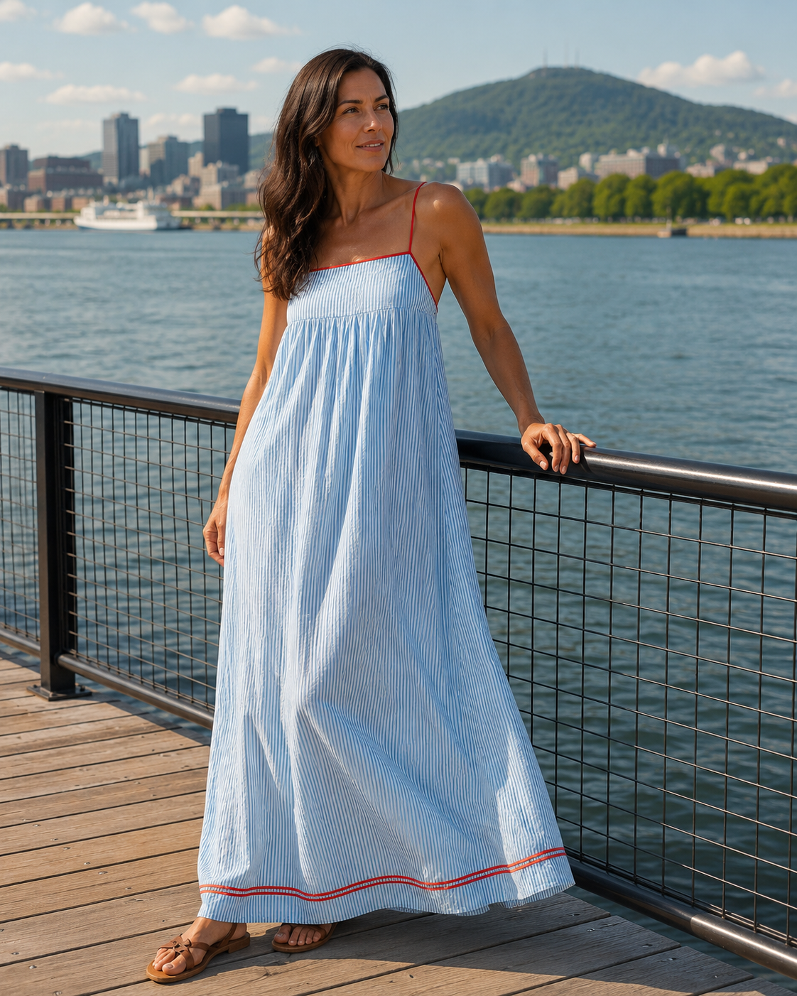 Vestido largo para mujer con rayas finas y tirantes delicados